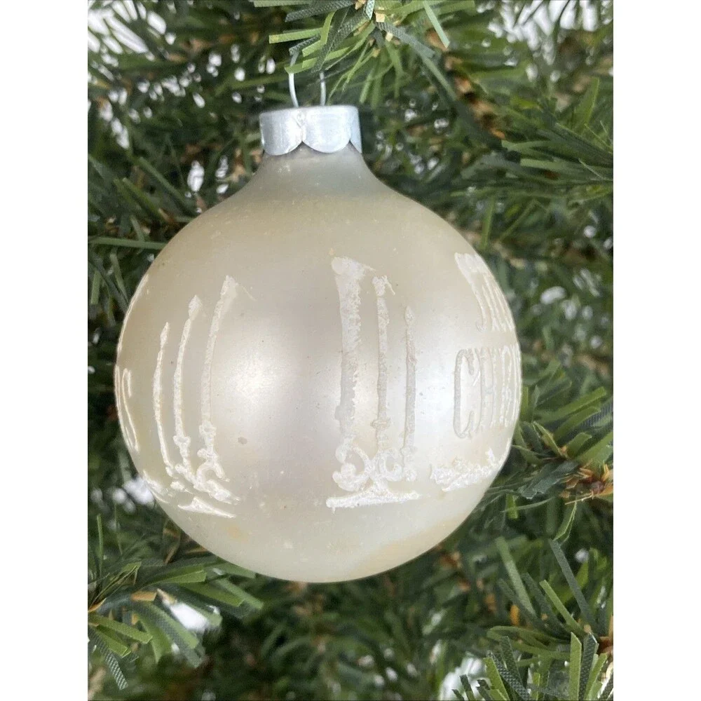Vintage White Made USA MERRY CHRISTMAS Mica Stenciled Ball Ornament Holiday
